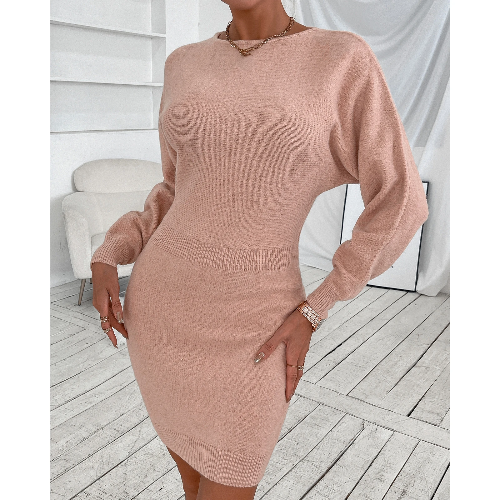 

2023 Spring and Autumn New Knitted Dress Women's Fashion Round Neck Sweater Casual Office Dresses Female & Lady