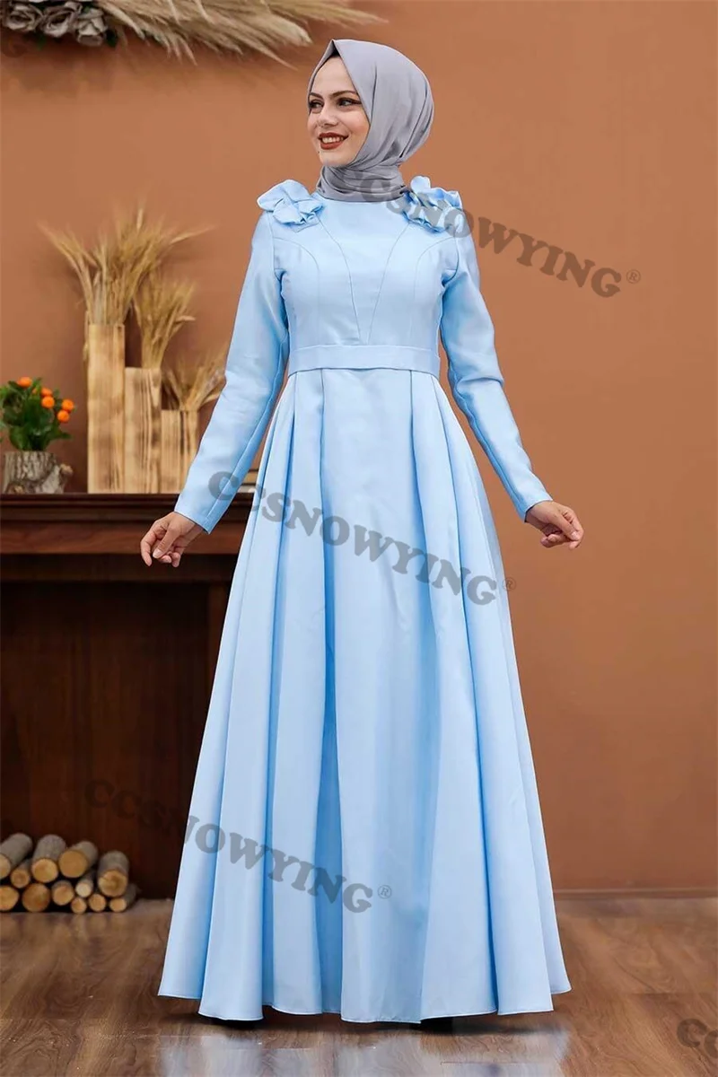 

Appliques Satin Muslim Evening Dress Islamic Long Sleeve A Line Hijab Formal Party Gown Arabic Dubai Women Robes De Soirée