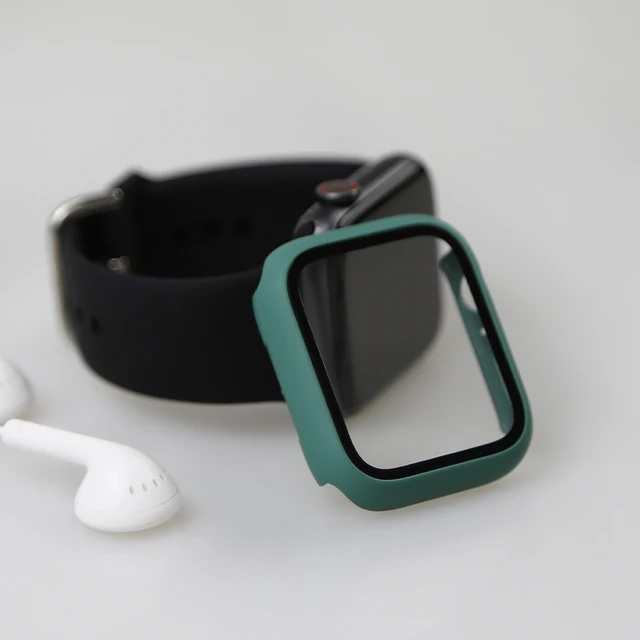 Glass+Watch Cover for Apple Watch Case 41mm 45mm 40mm 44mm 42mm 38mm Matte Bumper+Screen Protector for Iwatch SE 7 6 5 4 3 2 1 Dark Green
