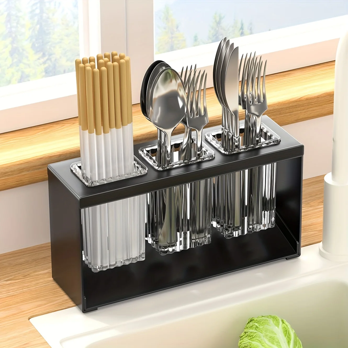Cutlery Organizer 1pc Stainless Steel Multifunctional Kitchen Utensil Holder with Drainage and Transparent Chopsticks Knives Forks Spoons