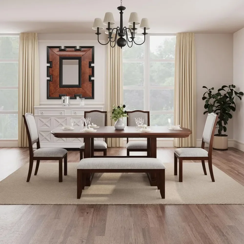 6-Piece Dining Table Set, Extendable Wood Table with 18-inch Removable Leaf, 4 Upholstered Chairs and Bench, Dining Table Set 3