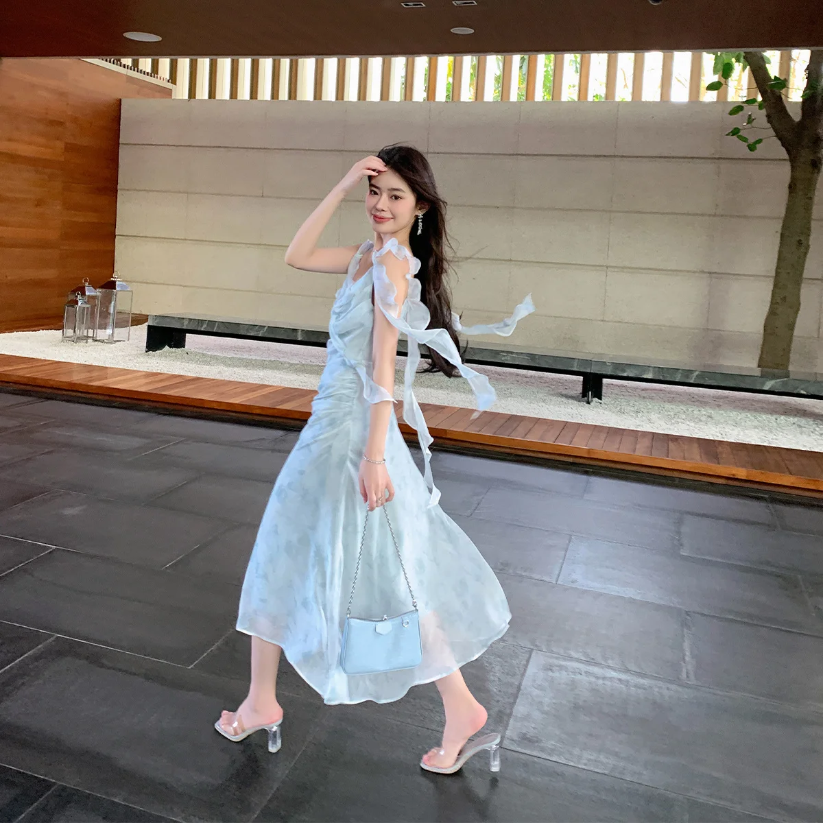 

Summer Tassel Blue Halo Dyed Chiffon Strap Dress Mid Length Waist Sleeveless Tank Top Dress