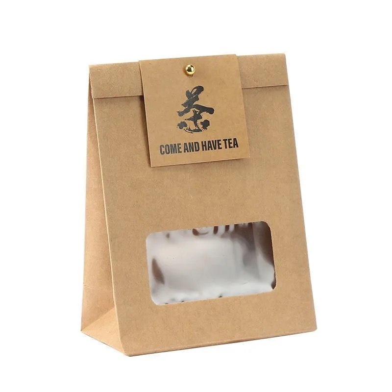 

20pcs Chinese Tea Package Bag Kraft Paper Self Sealing with Clear Window Aluminum Foil Liner for Green Tea Packaging Gift Bag