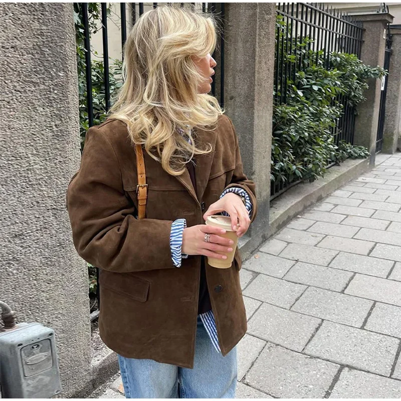 Women Suede Jackets Loose Lapel Single Breasted Long Sleeves Pockets Blazer Coats Female Autumn Fashion New in Outwear