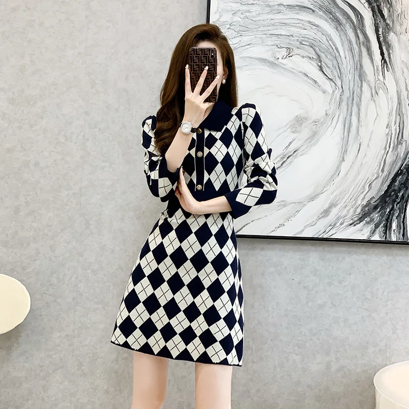 

Winter Knitted Dress Women's New 2023 Round Neck Long Sleeve Slim Sweater Small Dress