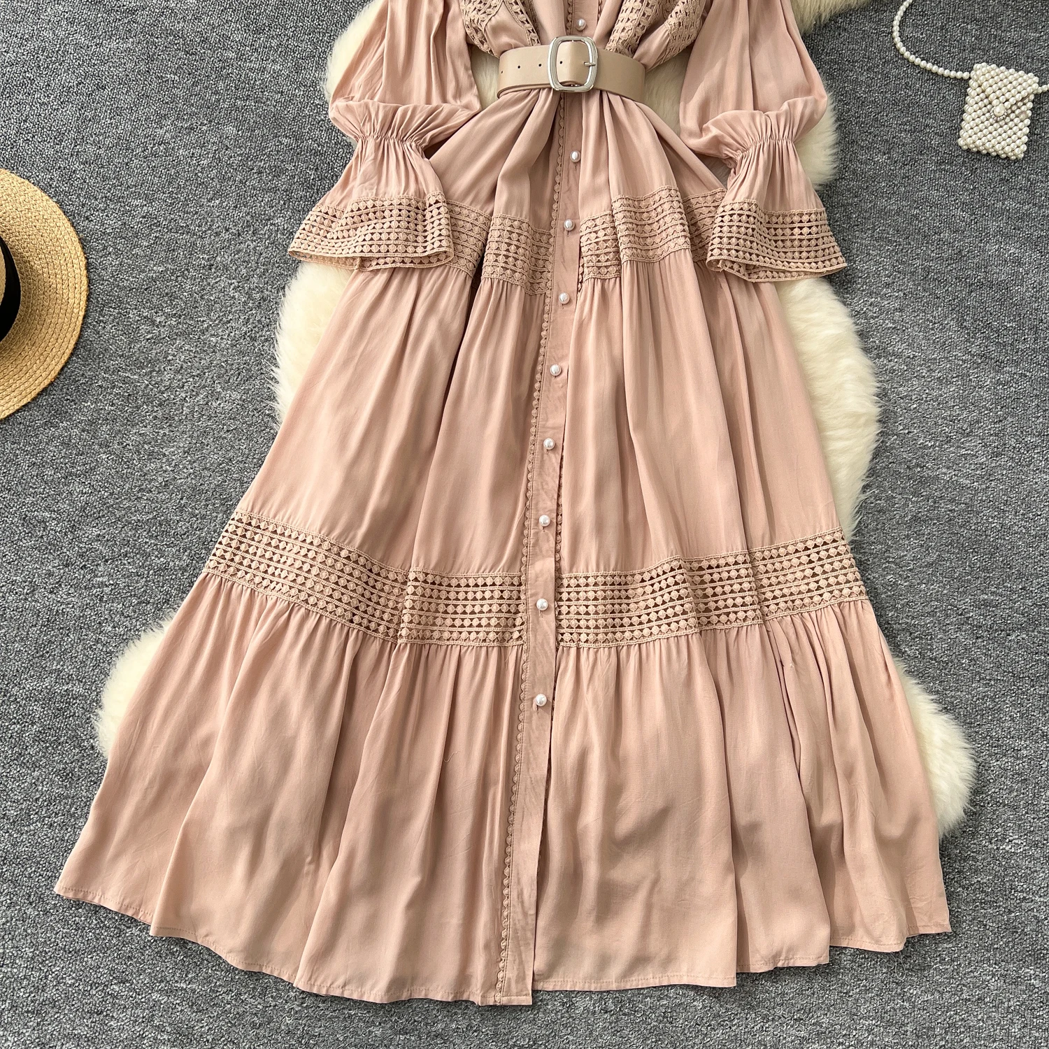 Chic Lace Slim Stand Collar Long Sleeve Spliced Single Breasted Dress High Street Vintage Evening Women Autumn Winter Clothing