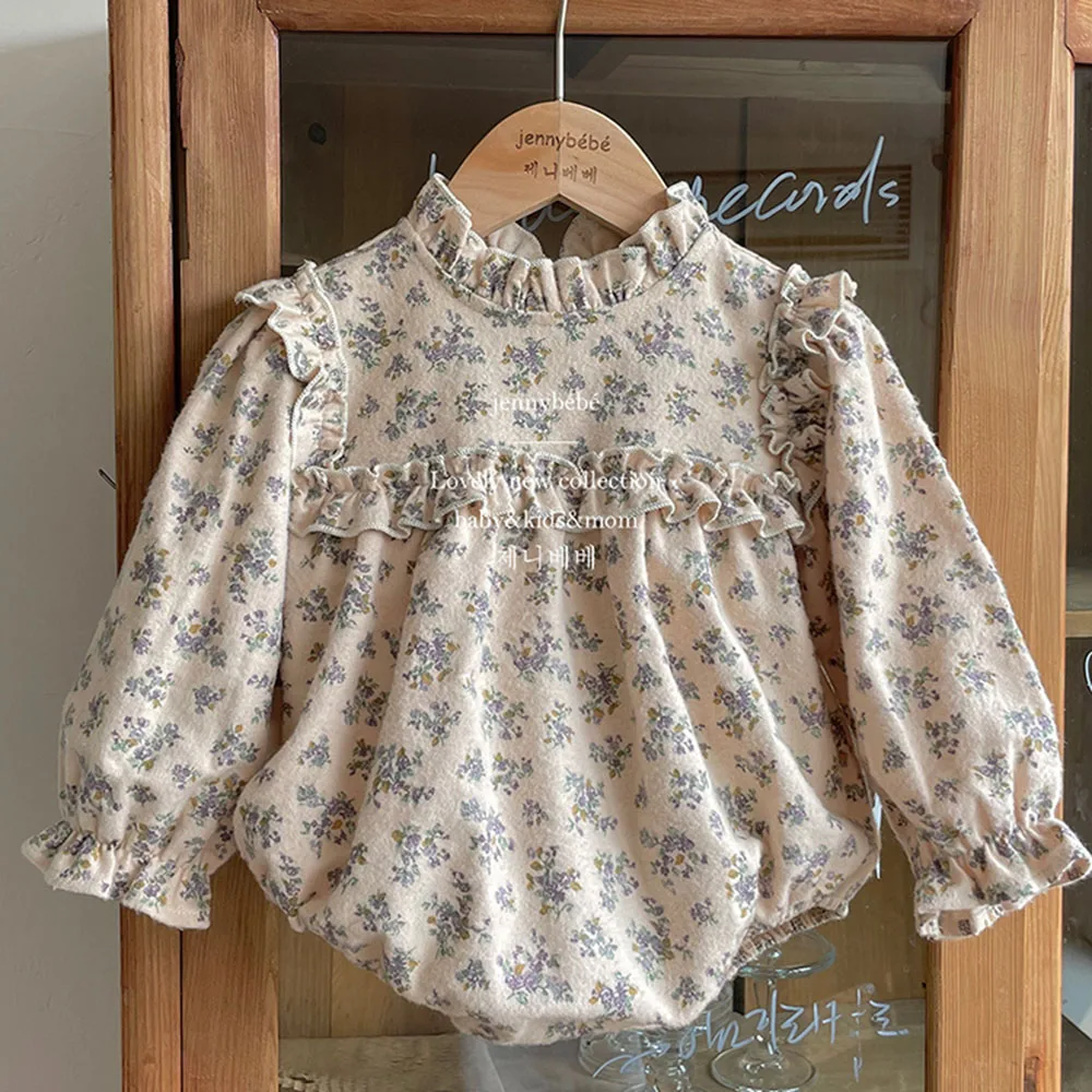 

Vintage Floral Baby Girls Thin Velvet Romper Cute Frilly Collar Long Sleeve Bodysuit for Winter Autumn Infant Outfits 0-24Months