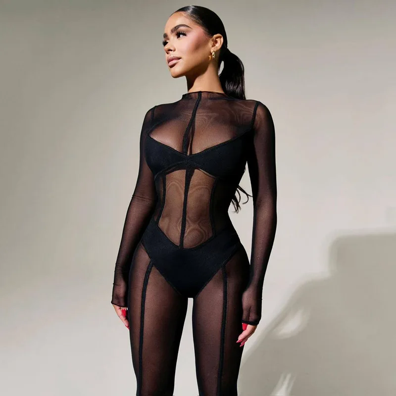 

Sexy Mesh See Through Body Shaping Jumpsuit Women Autumn 2023 O Neck Long Sleeve High Waist Skinny Y2k Rompers Hipster Club Wear