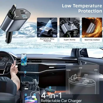 4 in 1 120W Car Charger Retractable Car Cigarette Lighter Adapter USB Type C Fast Charger Cable for IPhone Xiaomi POCO Samsung 3