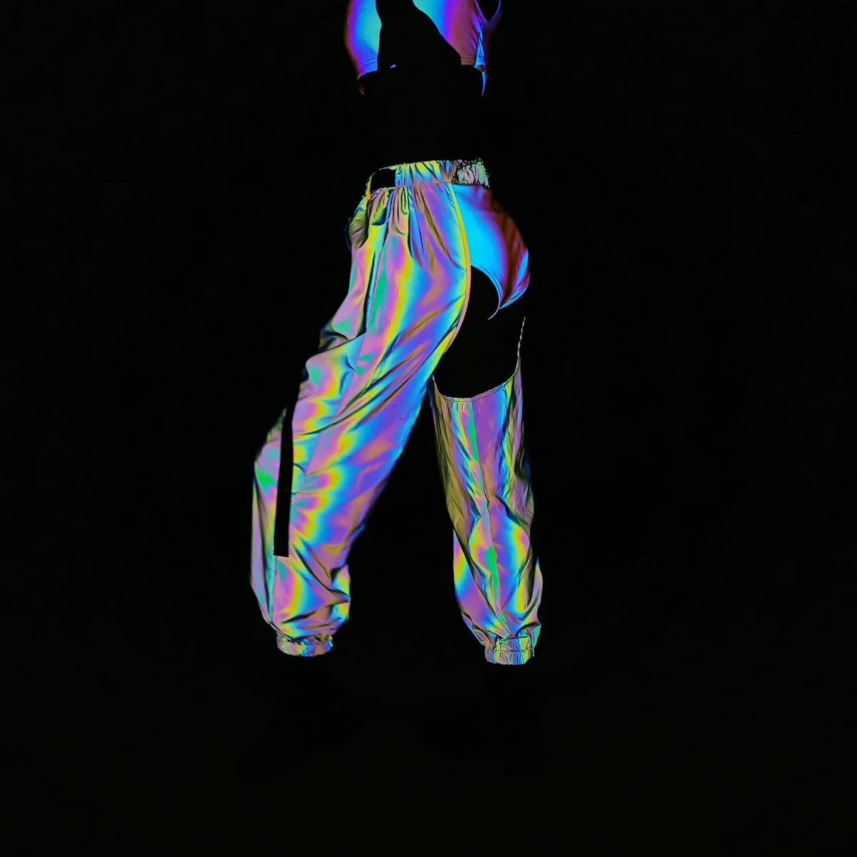 Autumn New High Waist Hollow Sexy Reflective Overalls European and American Ladies Hip-hop Rock Night Beam Pants