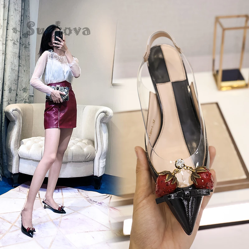 

Women's Strawberry Decoration Pumps Rome Pointed Toe Stilettos Transparent PVC Kitten Heel Rhinestone Elegant Banquet Club Shoes