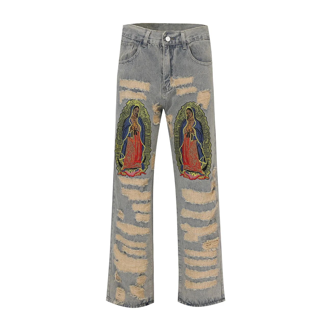 

Fashion High Street Destroyed Jeans With Embroidery Streetwear Oversized Hip Hop Denim Pants Ripped Y2K Trousers With Holes