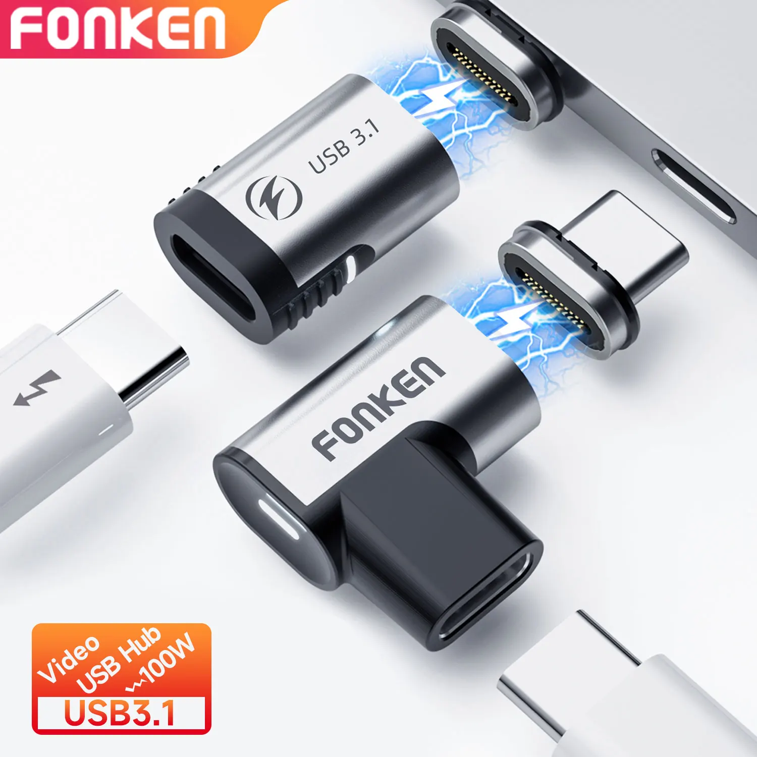 FONKEN Usb 3.1 C Magnetic Adapter Magnetic Usb Cable Usb To Hdmi Adapter Usb Hub Wifi Adapter 100W Type C Cable To Usbc 24-Pin 10Gbs Data Transfer 4K Video Monitor for Macbook Connector
