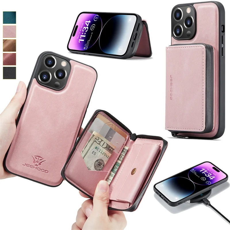 

Retro Zipper Leather Wallet Phone Case For iPhone 14 13 12 Mini 11 Pro XR X XS Max 8 7 Plus SE 2022 6 Card Slot Back Stand Cover