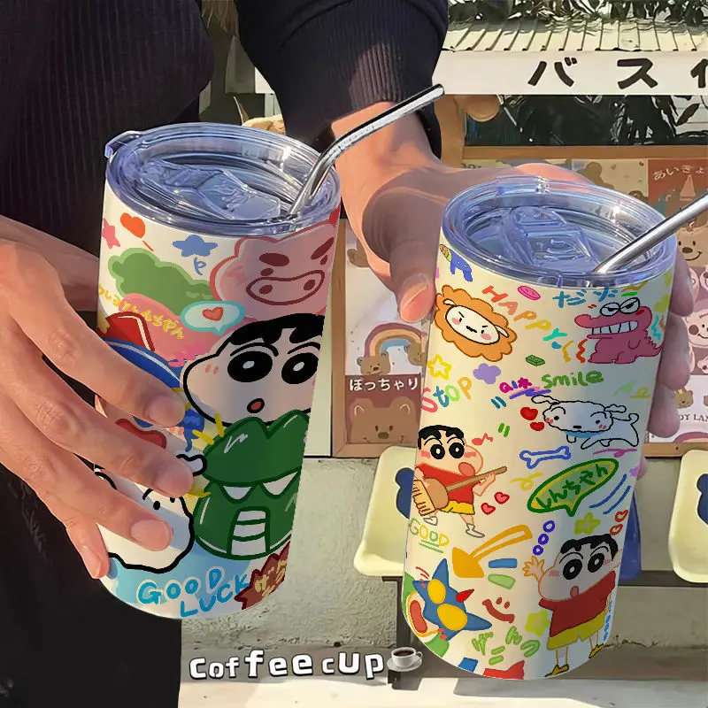 

Kawaii Anime Cartoon Crayon Shins Chans Portable Sippy Cup Coffee Cup 420Ml High Capacity Student Hand Cup Vacuum Cup Girl Gift