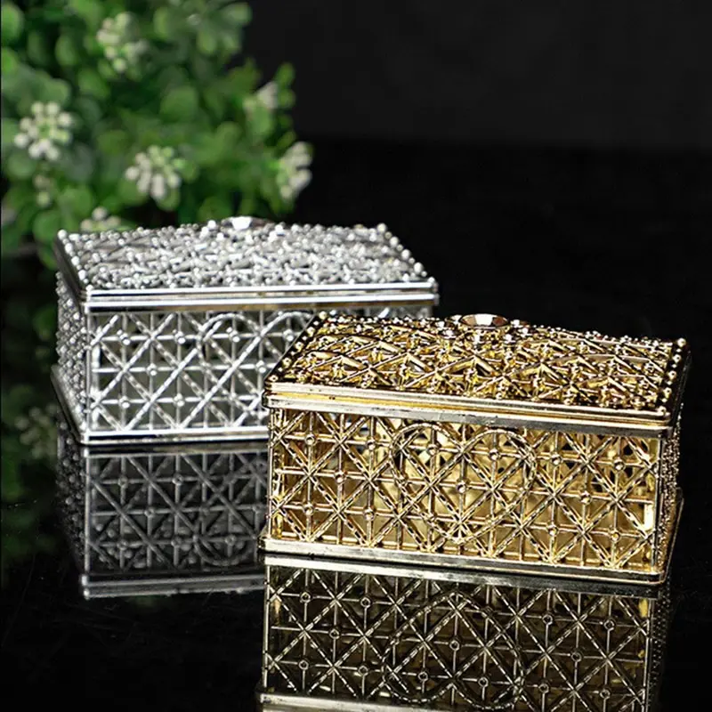 2 PCs Mini Treasure Storage Jewelry Box Silver-color Hollow Flower Pattern Jewelry Case Boxes for Necklace Earring Ring