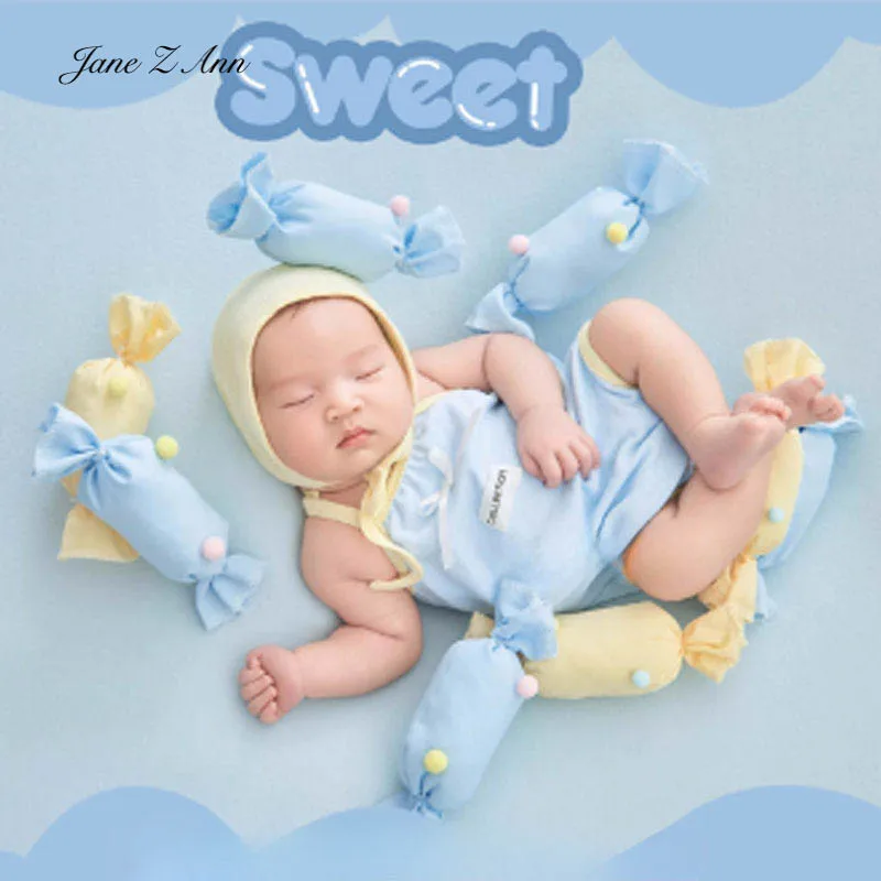 Neugeborenen-Fotografie-Outfit Baby-Foto-Requisiten Süßigkeiten-Thema Kostüm mit Mütze Strampler Kissen-Requisiten Niedliches Baby-Fotoshooting-Outfit – Detail 5