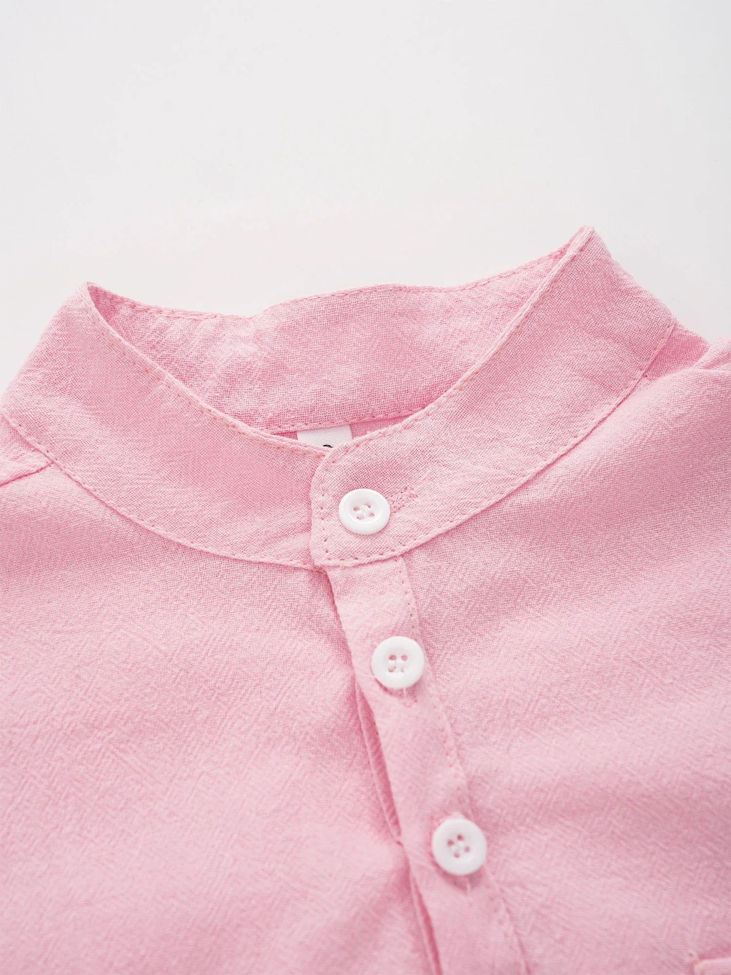 Kids Summer T-Shirts Short Sleeve Cotton Linen Shirt Button Casual Stand Collar Shirts with Pockets for Boys Girls