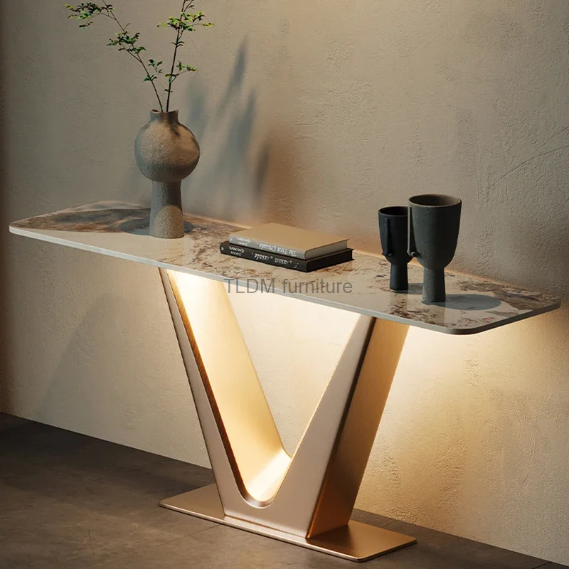 

Light Luxury Entrance Console Tables Italian Home Furniture Living Room Stainless Steel Porch Table with Lamp Modern Slate Table