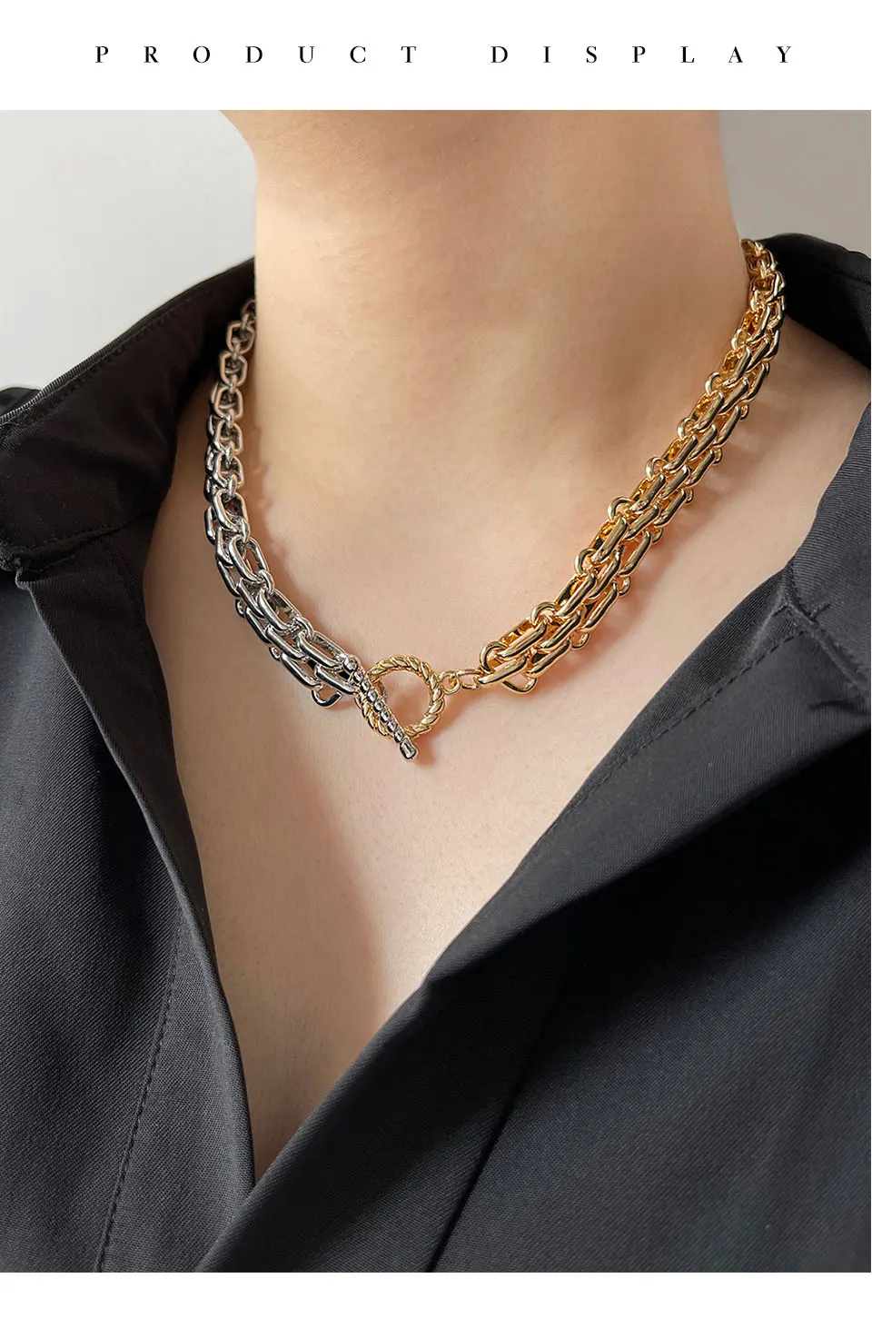 Peri'sBox Hip Hop Two Tone Thick Wide Link Chains Chunky Necklace for Woman OT Buckle Metal Choker Necklaces Statement Jewelry cross pendant