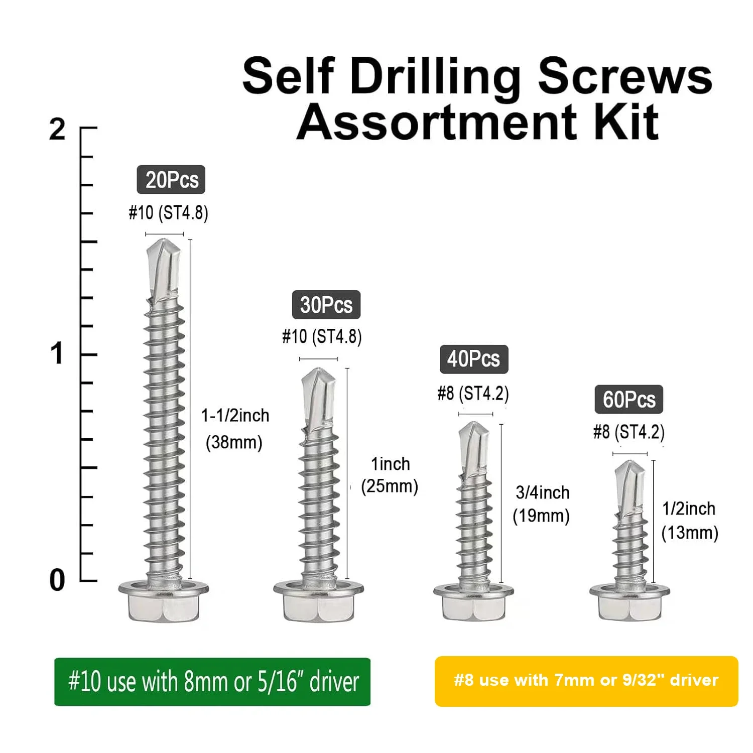 150pcs VKKM Self Drilling Screws Kit Hex Washer Head Self Tapping TEK Sheet 410 Stainless Steel Screws for DIY Construction stainless steel screws