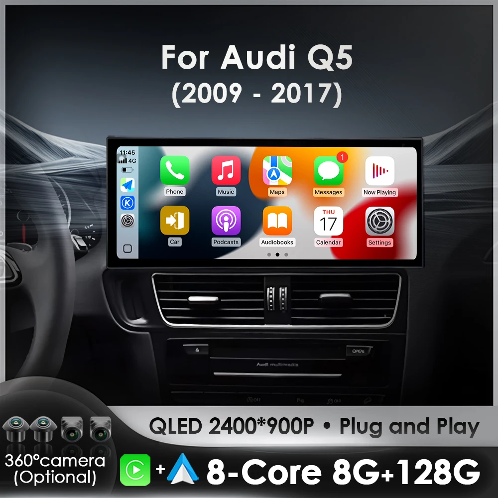 Android 16 para Audi Q5 2009-2017, CarPlay Inalámbrico, Sistema Multimedia para Auto, GPS, Radio, Reproductor, 4G, WIFI, Bluetooth, Pantalla Táctil QLED 1