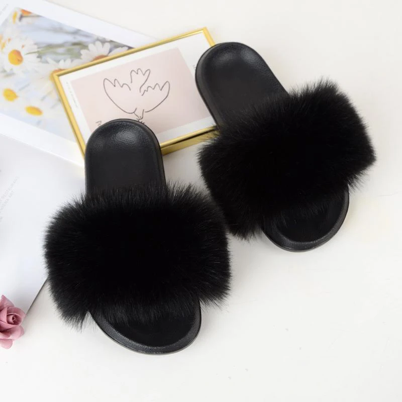 Summer Faux Fur Slides for Women Furry Fake Fur Slippers Outdoor Beach Fluffy Flat EVA Sole Soft Ladies Plush Flip Flops Woman