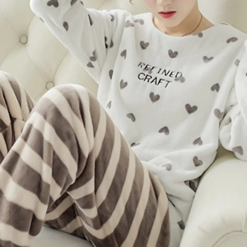 Autumn Winter Kawaii Cartoon Pajama Sets Women Pyjamas Stripe Flannel Loung Sleepwear Girl Pijama Mujer Night Suits Homewear PJ