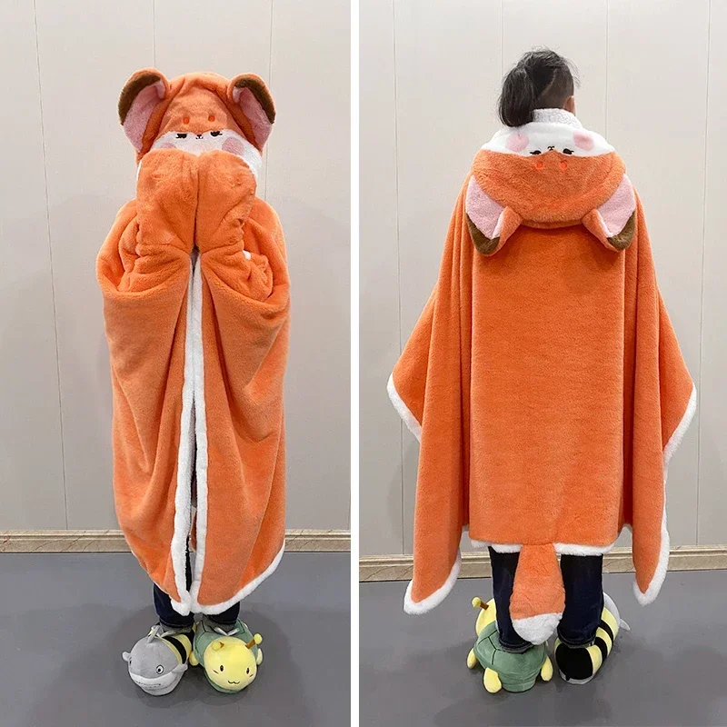 

120cm Cartoon Fox Plush Cloak Coral Fleece Soft Air Blankets Warm And Loving For Girl Winter Birthday Valentine Christmas Gift
