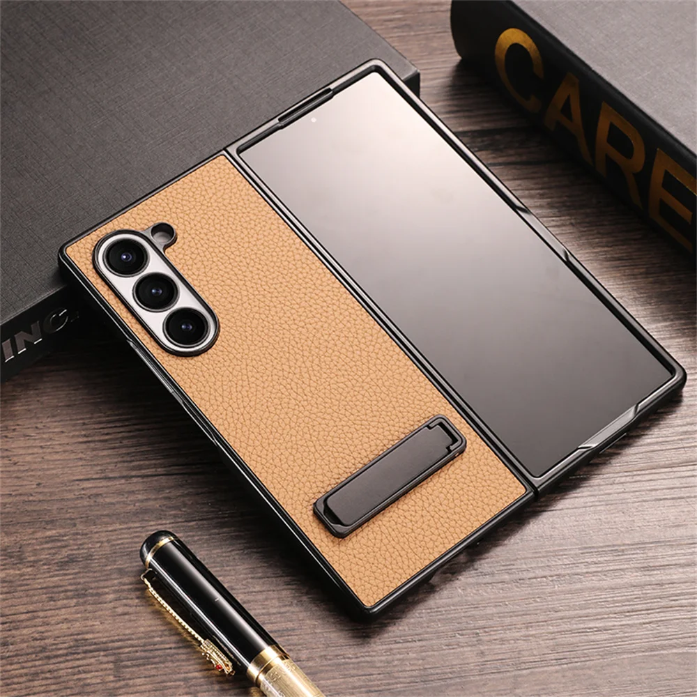 Elegant Litchi Leather Invisible Bracket Case with Stand Holder and Thin Bumper Design