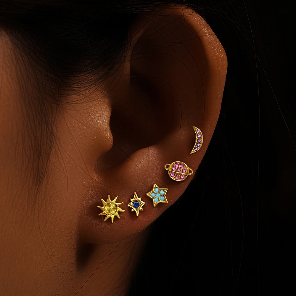 

BOAKO 925 Sterling Silver Cosmic Star Moon Colorful Zircon Planet Stud Earrings For Women Girl 5pcs Valentine's Day Fine Earring