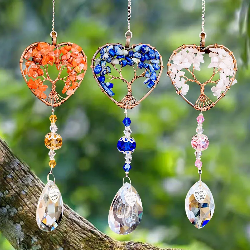 Crystal Pendant Sun Catcher 1PC Love Heart Tree of Life Kabbalah Quartz Prism Glass Crystal Pendant Agate Chakras Energy Stone Meditation DIY Garden Hanging