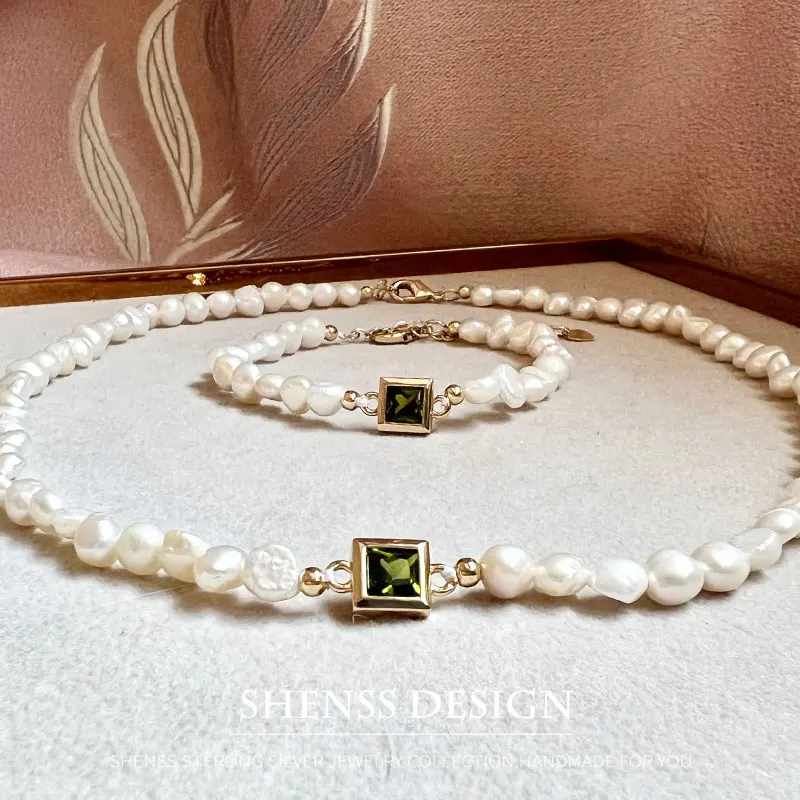 

Temperament Design Natural 5-6mm Baroque Pearl Necklace Bracelet Customized Jewelry for Women's Green Zircon