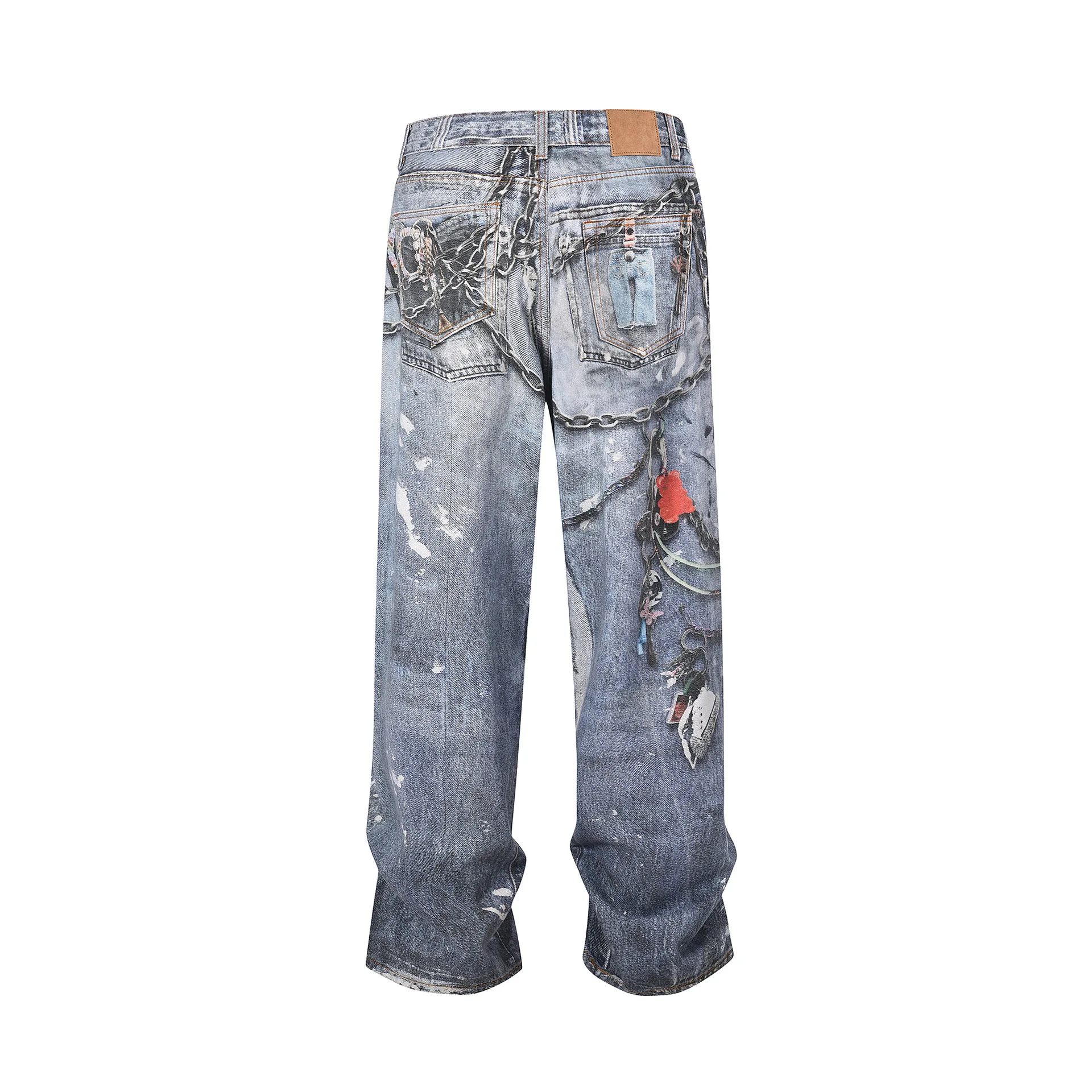パンツ Chain Keystrap Printing Denim 3D Printed Trouser Chain Loose Washed Digital Graffiti