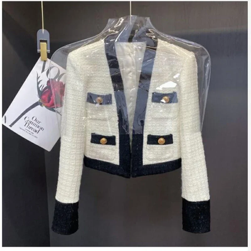 2024 New Autumn Small Fragrance Tweed Jacket Female Blazer Coat Long Sleeve Button Short Coat Autumn Casual Women Office Outwear