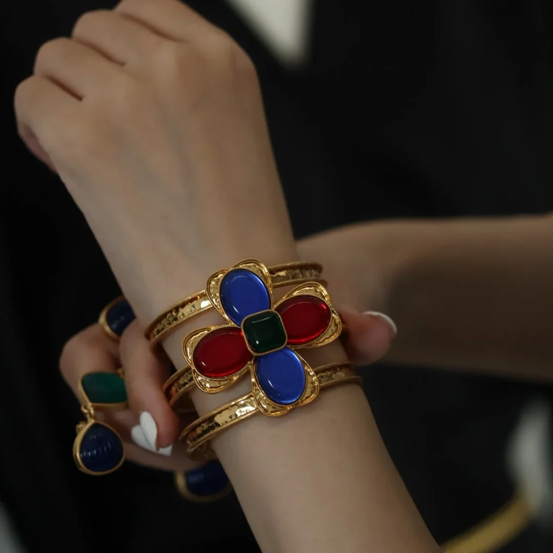 

European and American Vintage Fashion Cross Glazed Three-layer Open Women's Bracelet Jewelry