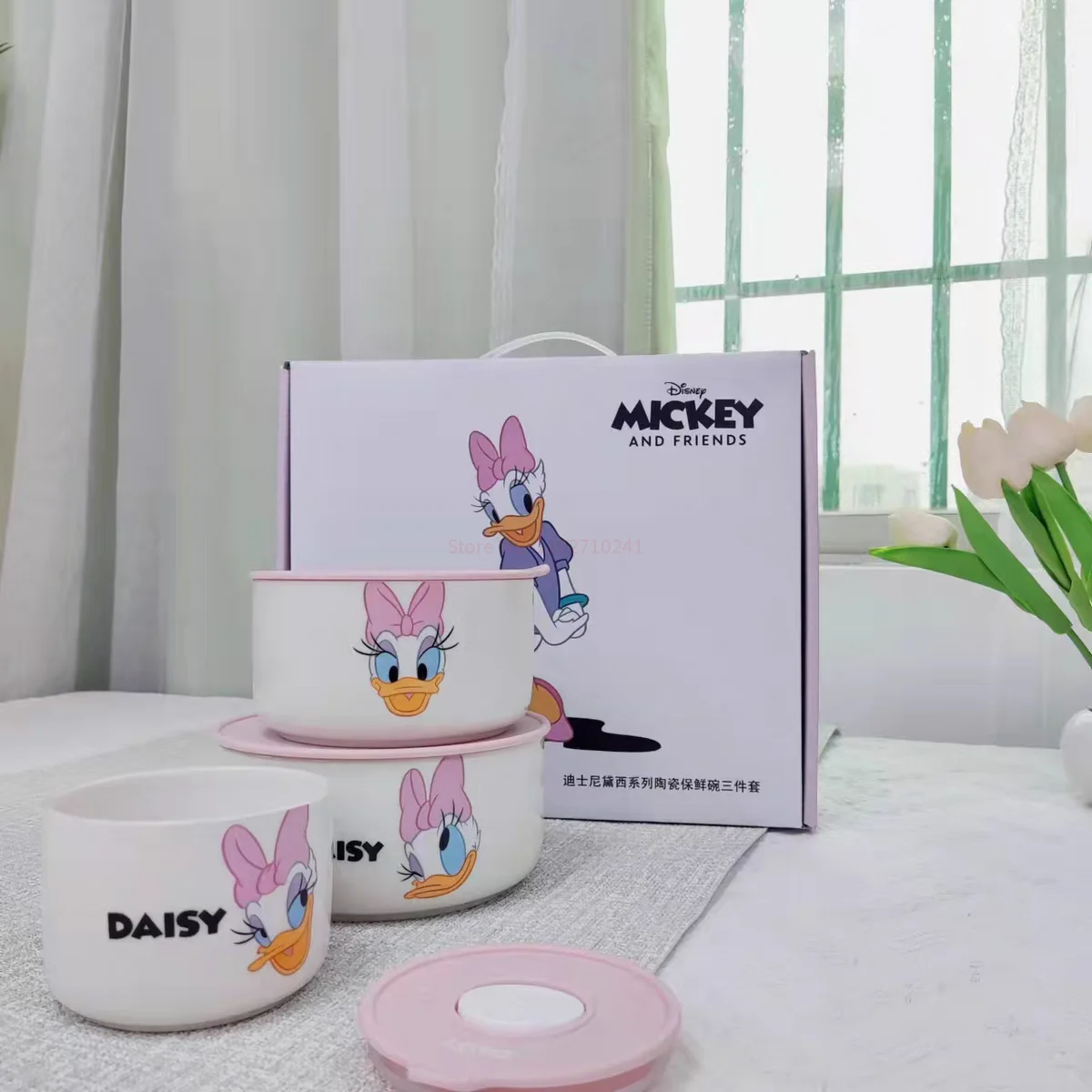 Disney Ceramic Bowl With Lid Microwave Oven Bowl 3 Pcs Student Thicken Lunch Box