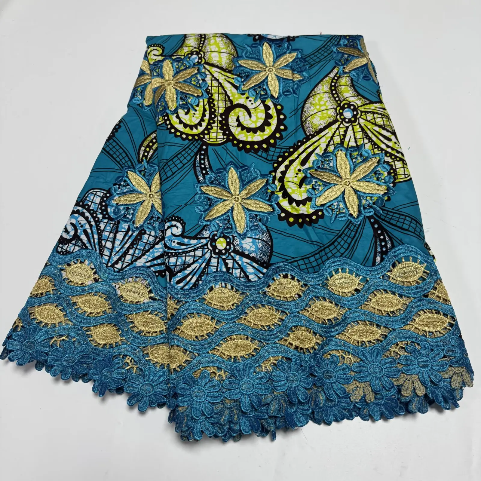 African Wax With Cord Lace, Cotton Wax Prints Luxury Ankara Fabric Guipure Embroidery Women Dress Loincloth 6 Yards 1