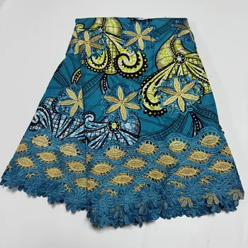 African Wax With Cord Lace, Cotton Wax Prints Luxury Ankara Fabric Guipure Embroidery Women Dress Loincloth 6 Yards 1