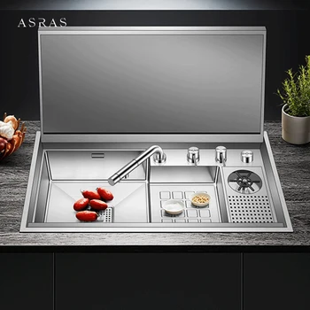 SUS 304 สแตนเลสซ่อนอ่างล้างจานเดี่ยวฝาครอบอ่างล้างจานถ้วย Rinser Handmade Brushed Stepped อ่างล้างจาน 2