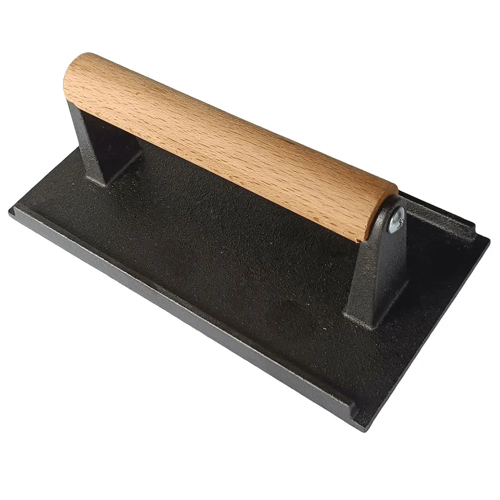 Cast Iron Burger Smasher Ergonomic Rectangle Hamburger Press with Wood Handle Thickened for Griddle Sandwich Nonstick Pan