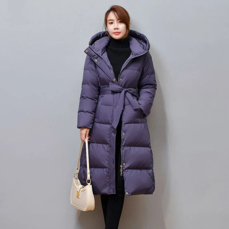 90 White Duck Down Coat for Woman Winter Long Design Office Lady Elegant Down Jacket with Belt Female Hooded Outerwear Wholesale