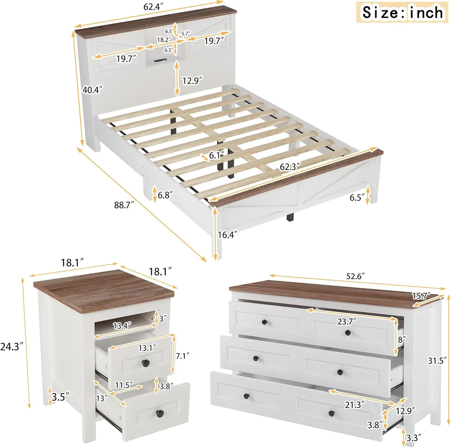 3-Piece Farmhouse Queen Bedroom Set – Bed & Storage Nightstands 3