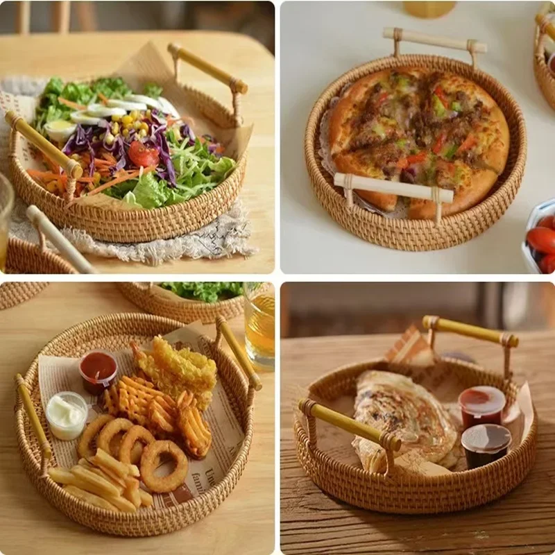 Handwoven Rattan Storage Tray with Wooden Handle Picnic Basket Bread Food Plate Snack Fruit Cake Platter Dinner Serving Tray New 4
