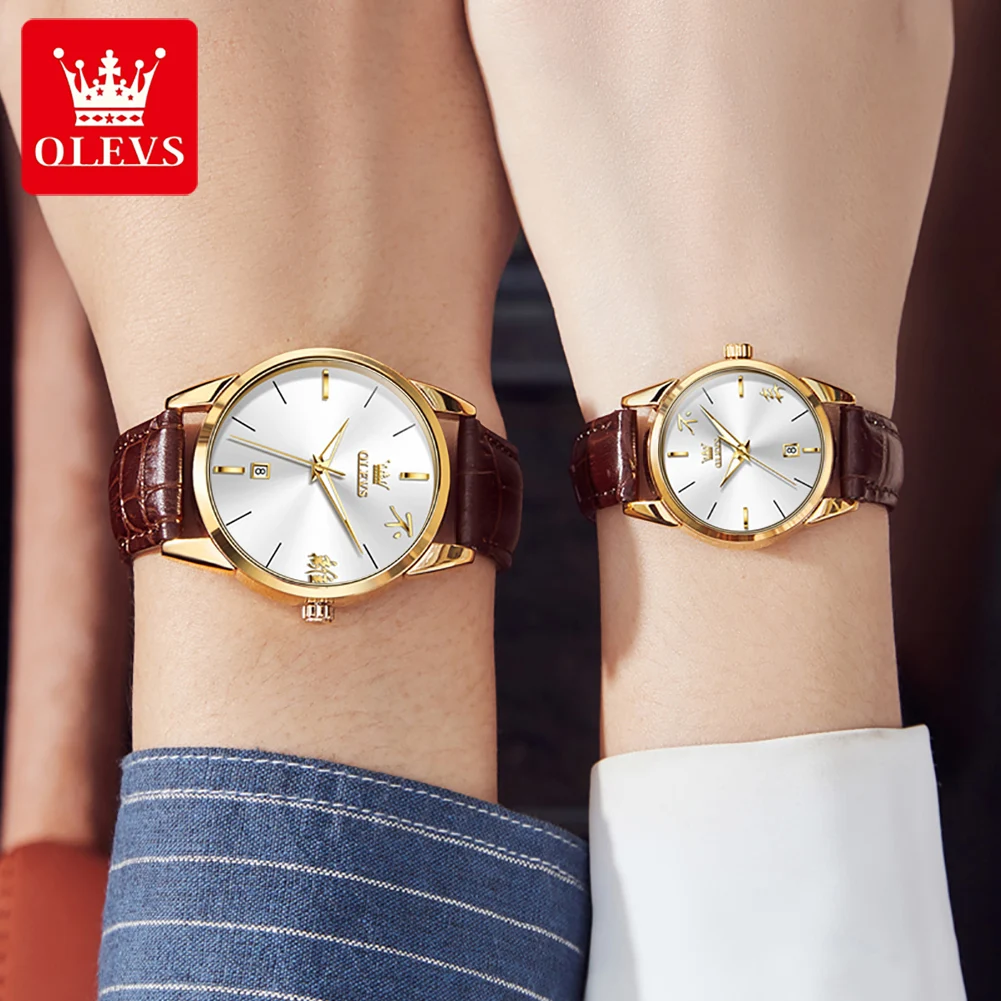 OLEVS Quartz Watch for Couple Fashion Leather Strap Couple Watches Chinese Display Simple Dial Waterproof Luminous Wrist Watches