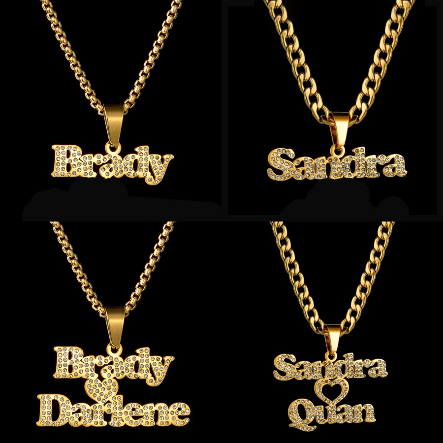 Acheerup Personalized 1-2 Name Pendant Neckalce for Women Stainelss Steel Zircon Nameplate Thick Cuban Chain Choker Jewelry Gift custom projection photo neckalce for women magnetic couple sun and moon necklaces stainless steel i love you valentine s jewelry
