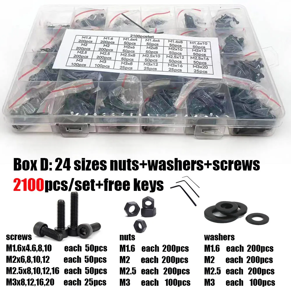 400/2100X M1.6 M2 M3 M4 M5 Black12.9 Grade Steel Allen Hexagon Hex Socket Cap Head Screw Bolt Nut Washer Set Assortment Kit Box