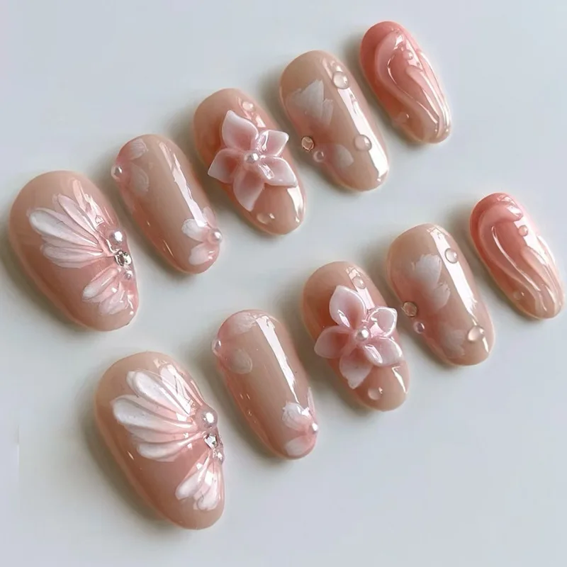 24PCS Pink Almond Press-On Nails with 3D Floral Design and Golden Pearl Accent