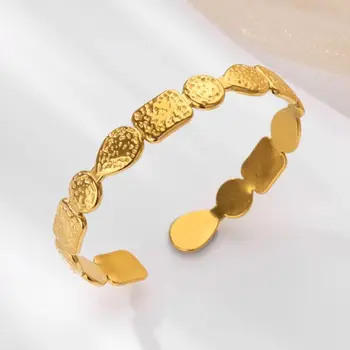 Vintage Textured Geometric Bangle for Women Stainless Steel Gold Color Cuff Bracelet femme Fashion Wedding Waterproof Jewelry