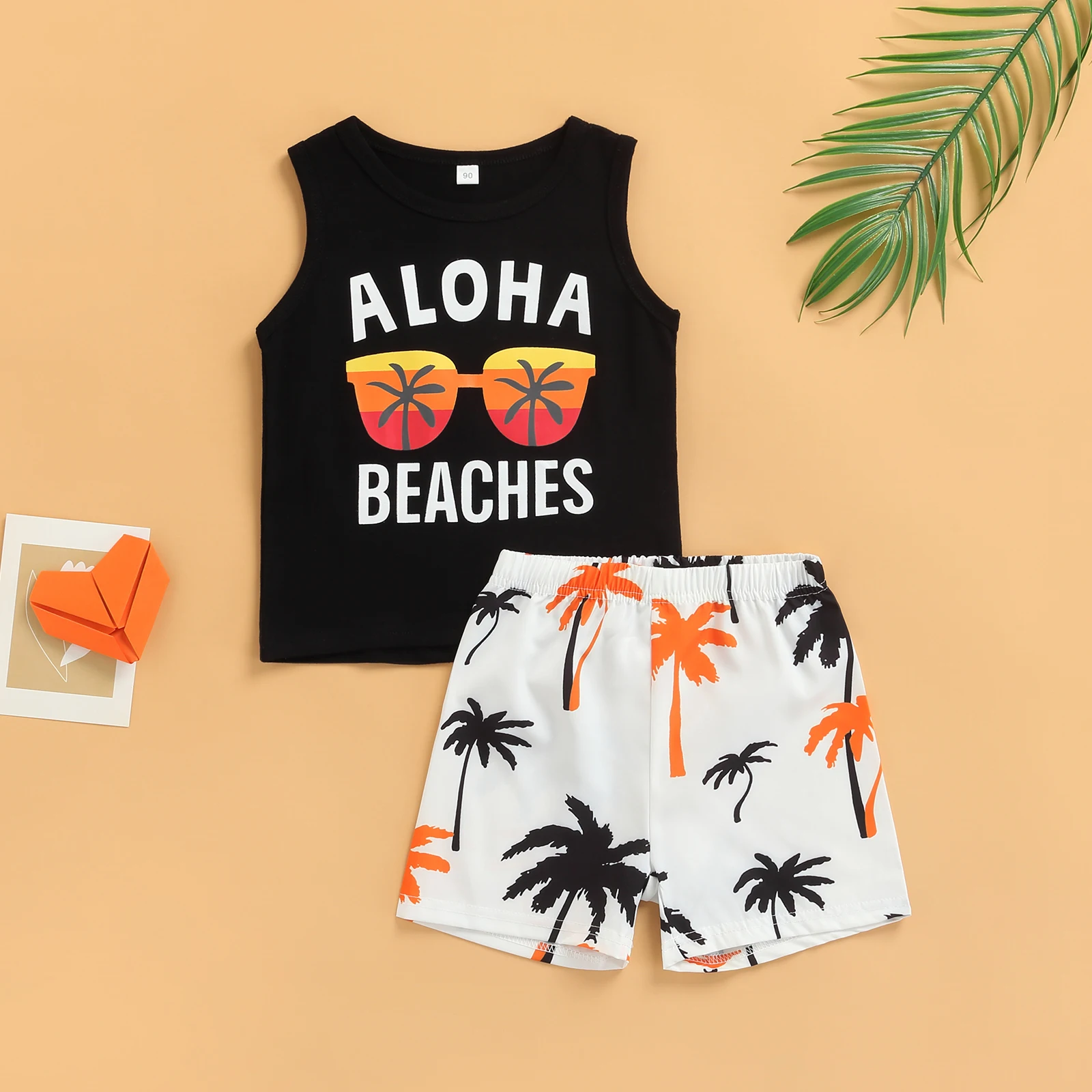 Citgeett Summer Kids Boy Shorts Clothes Set Letter Sleeveless Vest Tops + Tree Printed High Waist Shorts Beachwear Suit